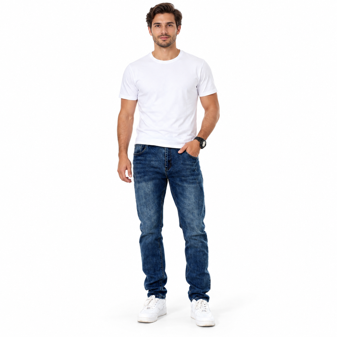 Men's stretch jeans in blue denim on a full-body model against a white background
