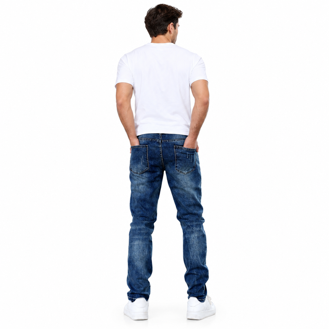 Back view of blue denim jeans showing both rear pockets