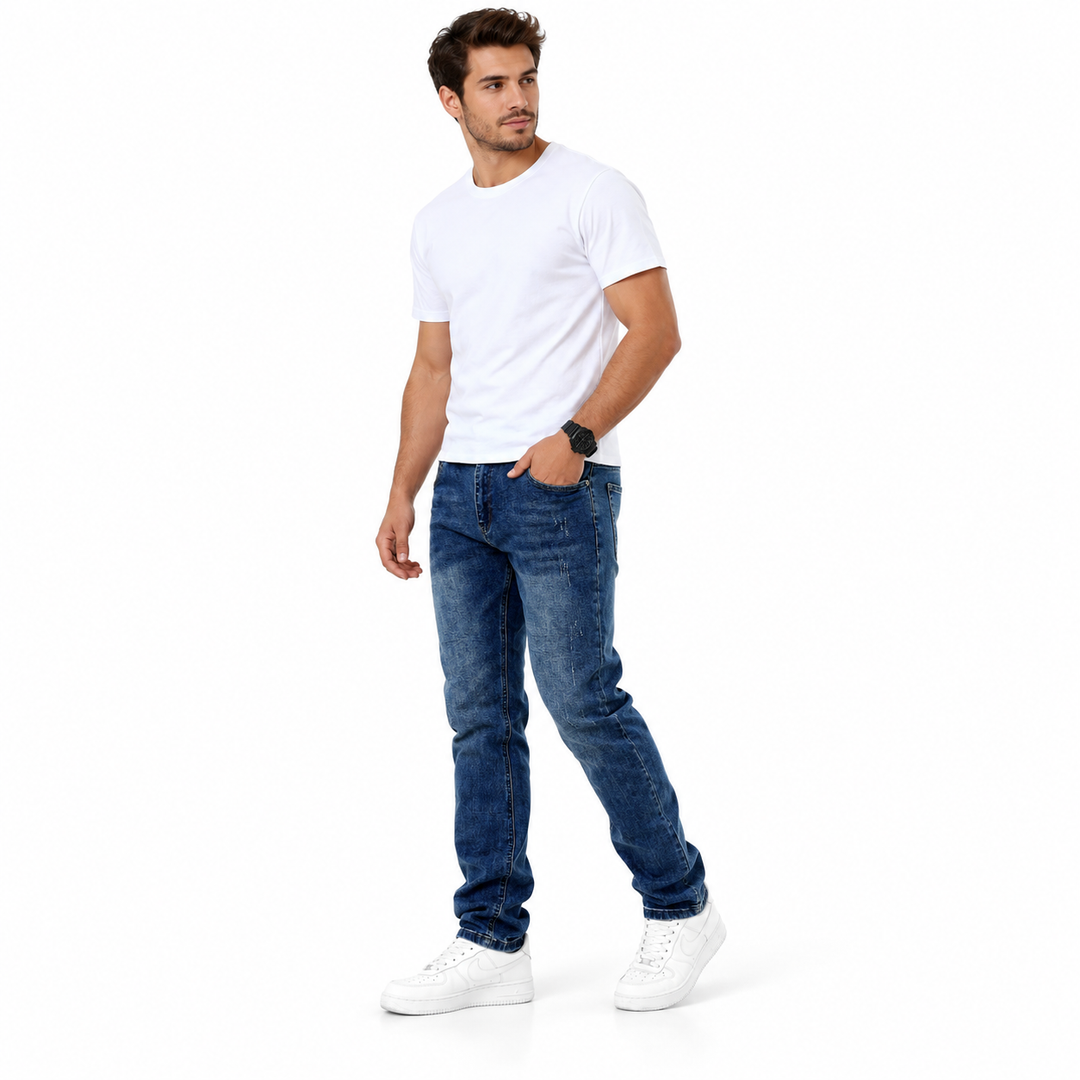 Three-quarter view of blue jeans on a model with one hand in a pocket