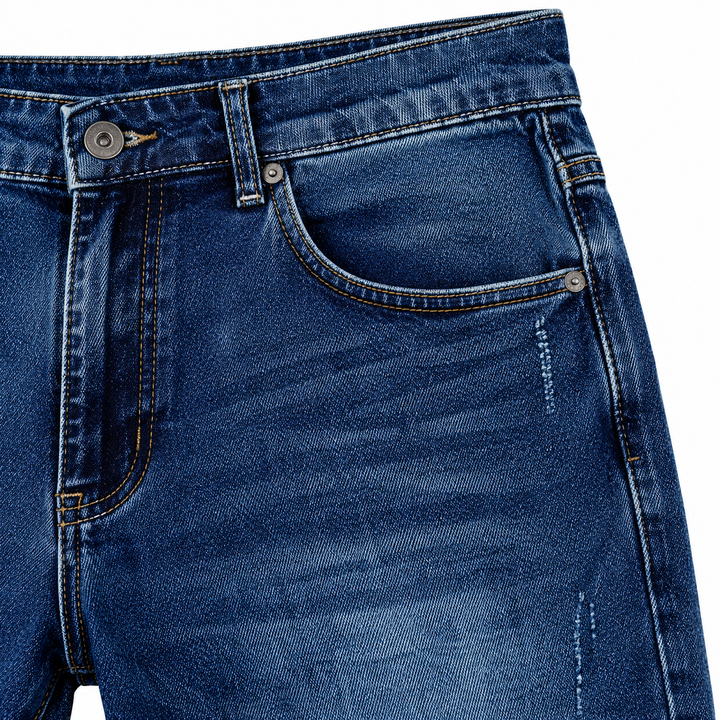 Close-up of blue denim wash and stitching around the front pocket