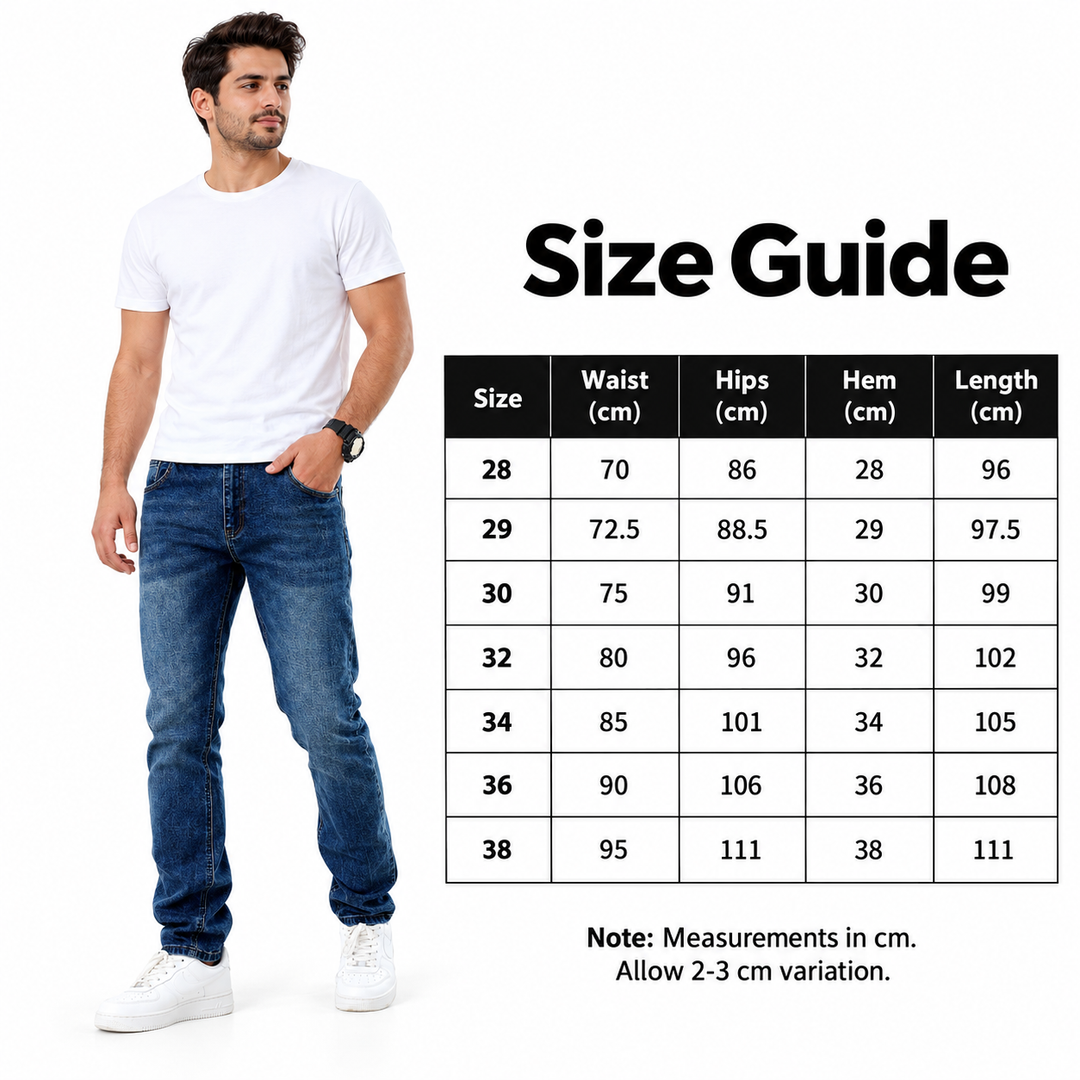 Size guide for blue jeans showing waist, hips, hem and length in centimetres