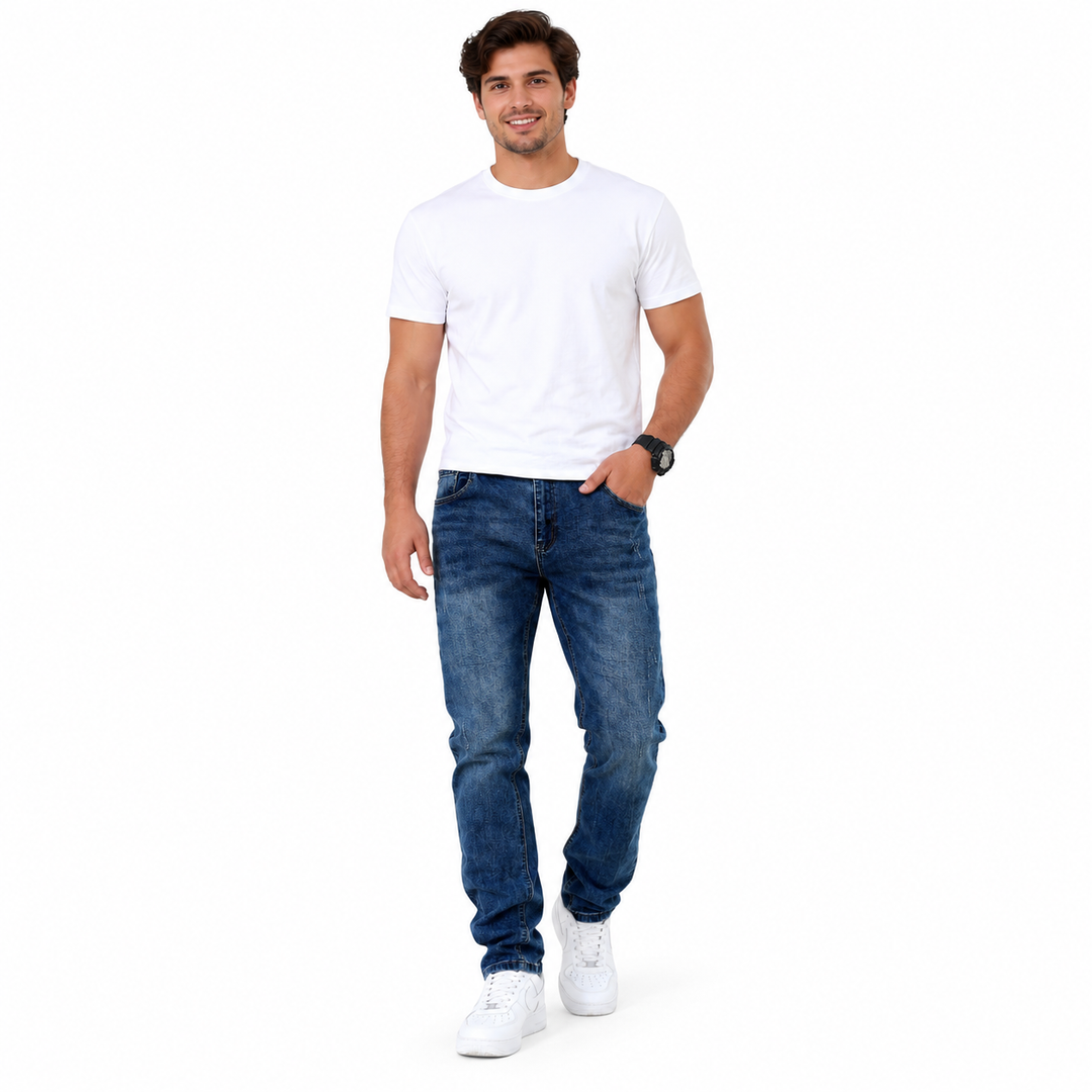 Sold Blue jeans variant worn with a white T-shirt in a full-body front view