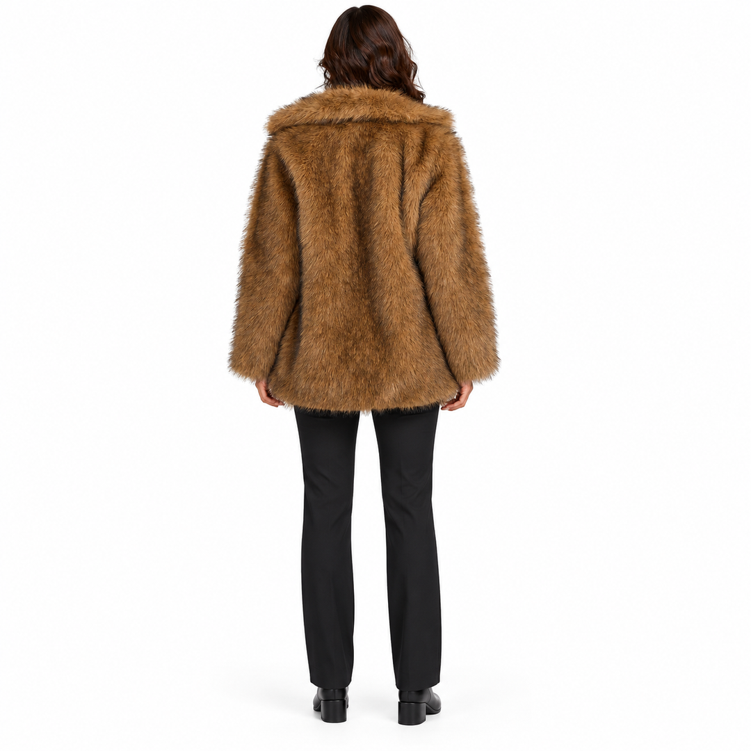 Original product reference: Rear view of a dark brown coat on a woman showing long sleeves and the textured surface on white.