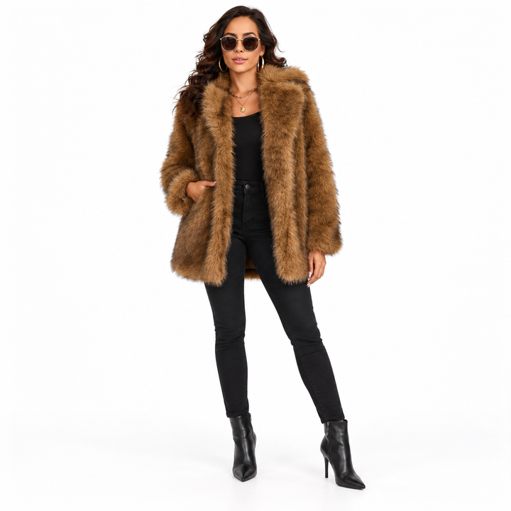 Three-quarter view of a dark brown lapel coat with a lapel collar, long sleeves and artificial fur in a white studio setting.
