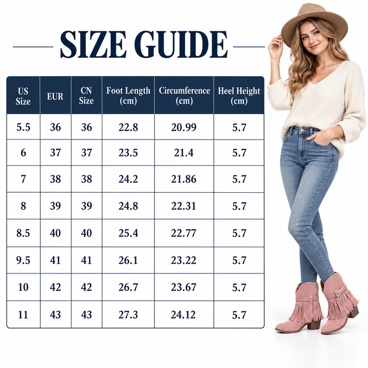 Fringe boot chart with US, EUR and CN sizes, foot length, circumference and heel height beside a model on a white background.