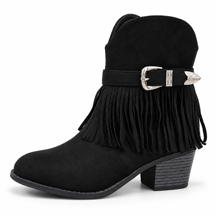 Studio view of the black boot with fringe with fringe, rounded toe and original silver hardware in a white studio photograph.