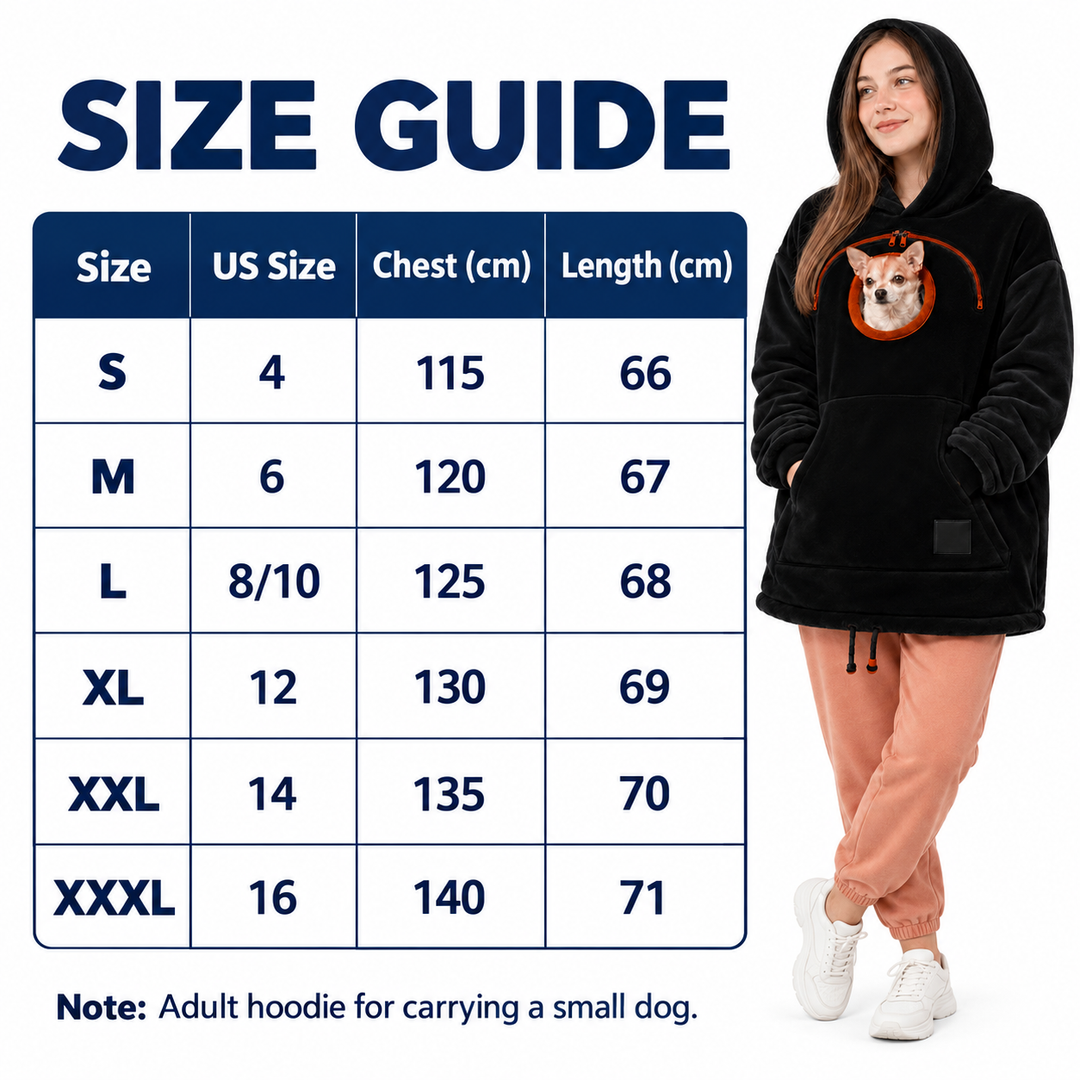 Hoodie size chart with US sizes, chest and length measurements in cm beside a woman wearing black against a white background.