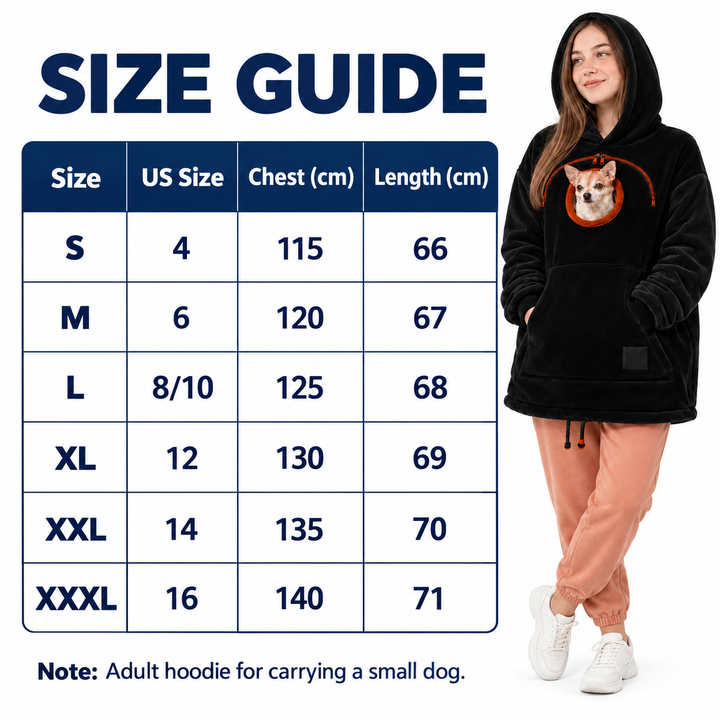 Hoodie size chart with US sizes, chest and length measurements in cm beside a woman wearing black against a white background.