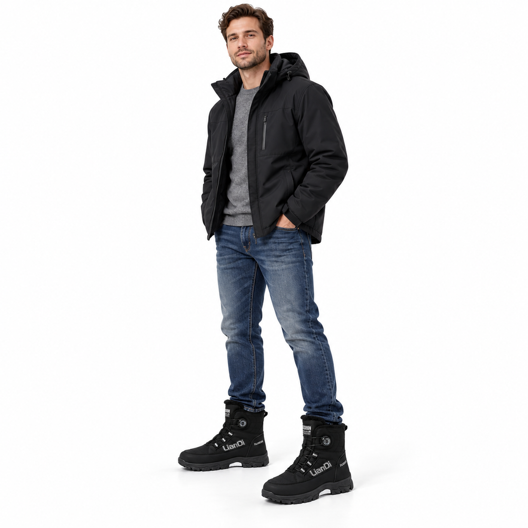 Man wearing a black rotary dial boot with a rotary dial, cable laces and a white sole insert in a studio photograph on white.