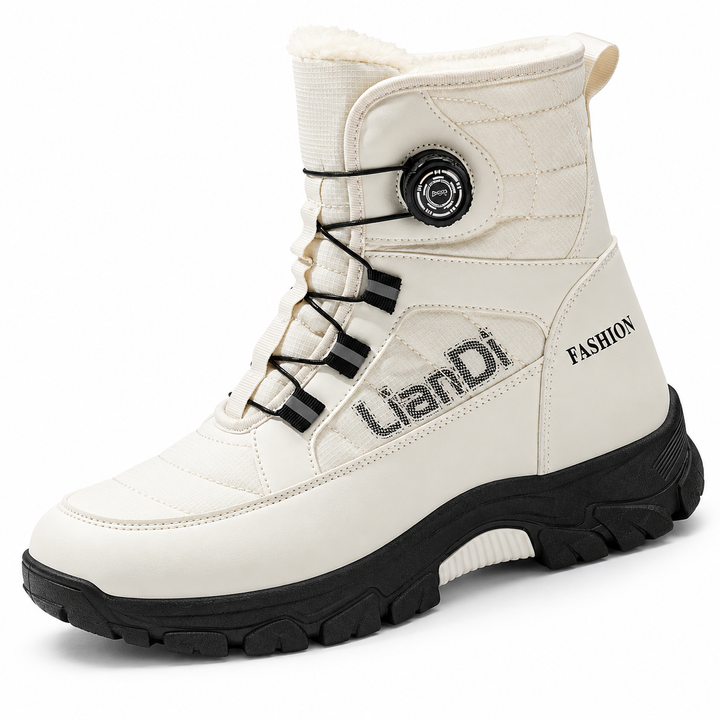 Catalog photograph of a white rotary dial boot with black cable lacing, lettering and a black sole in a white studio setting.