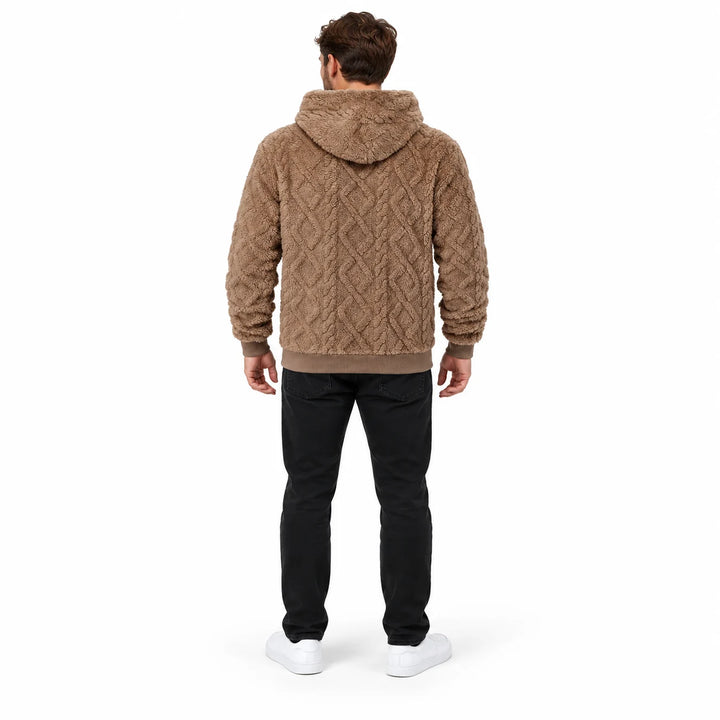 Camel brown hooded pullover shown from behind on a full-length male model, displaying its textured geometric back and rib hem