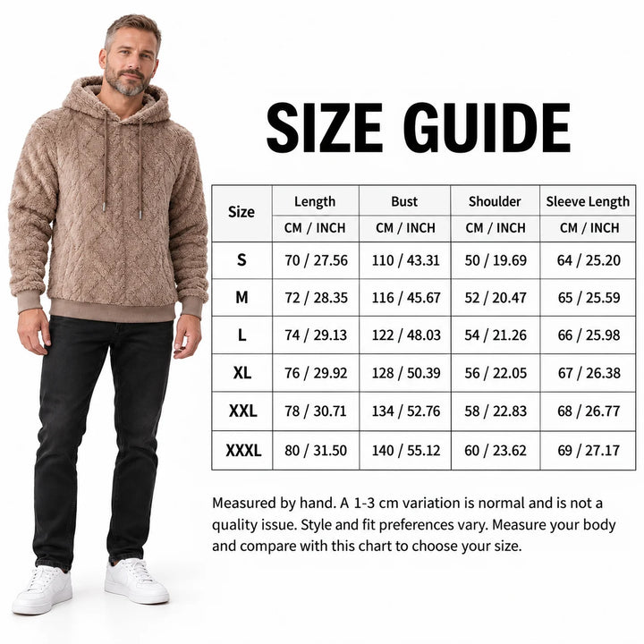 English size guide for sizes S-XXXL with length, bust, shoulder and sleeve measurements in cm and inches beside a male model.