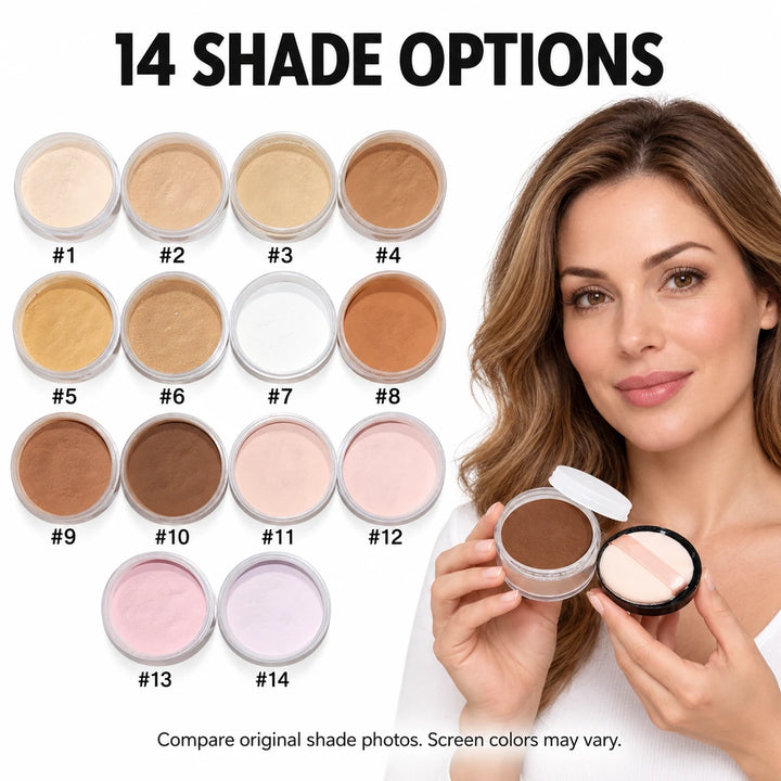 Fourteen numbered powder shades from ivory to brown, pink and lavender, with an adult model holding powder shade 