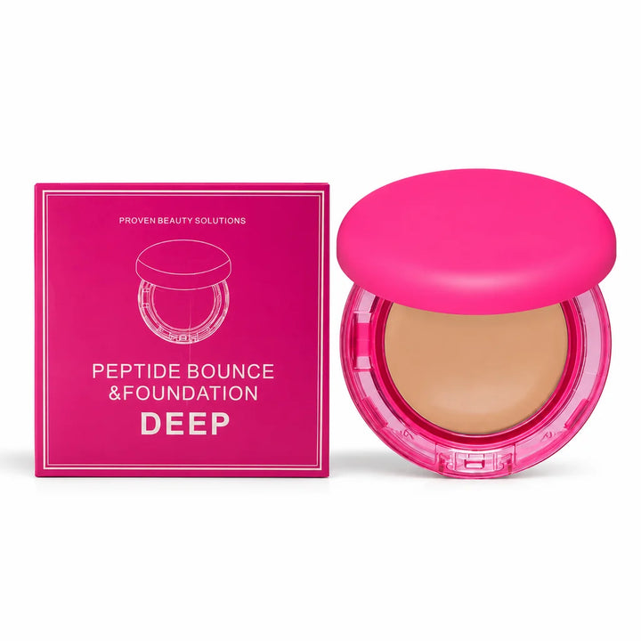 Hydrating foundation compact with a fuchsia pink lid and a matching DEEP carton, shown together on a white studio background.