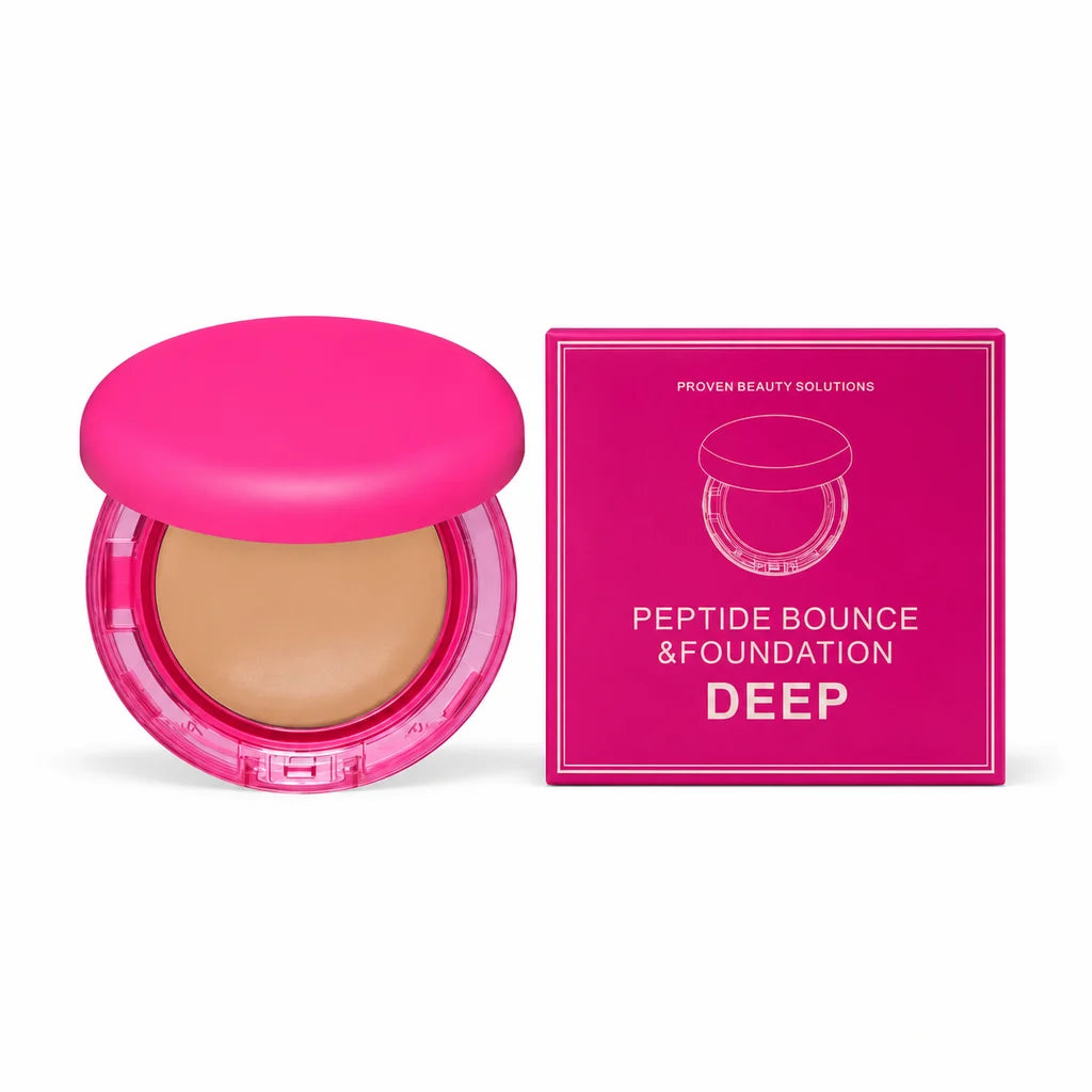 Pink foundation compact on the left beside its matching carton on the right, with visible DEEP lettering and a white backdrop
