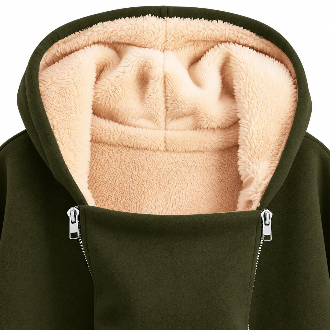 Close-up of Army Green fabric and cream plush hood lining, showing the two silver zipper tops alongside its wide front panel.