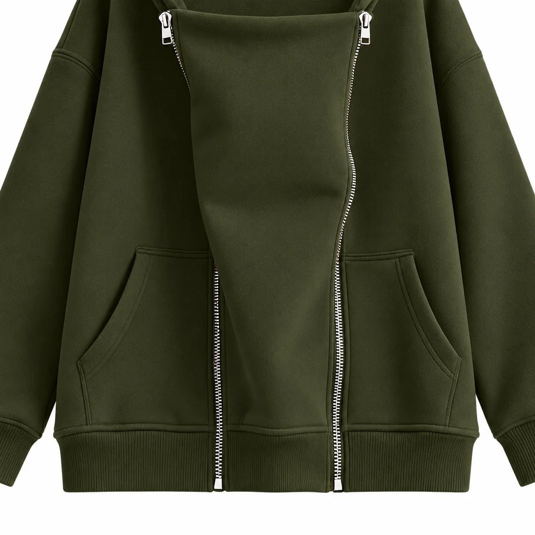 Army Green sweatshirt detail showing the broad front panel, twin silver zippers, angled pockets, ribbed hem and sleeve cuffs.