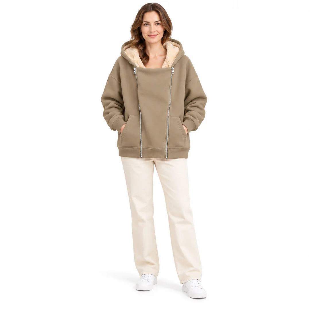 Khaki Beige hooded sweatshirt on a full-body adult model, with cream hood lining, twin silver front zippers and side pockets.