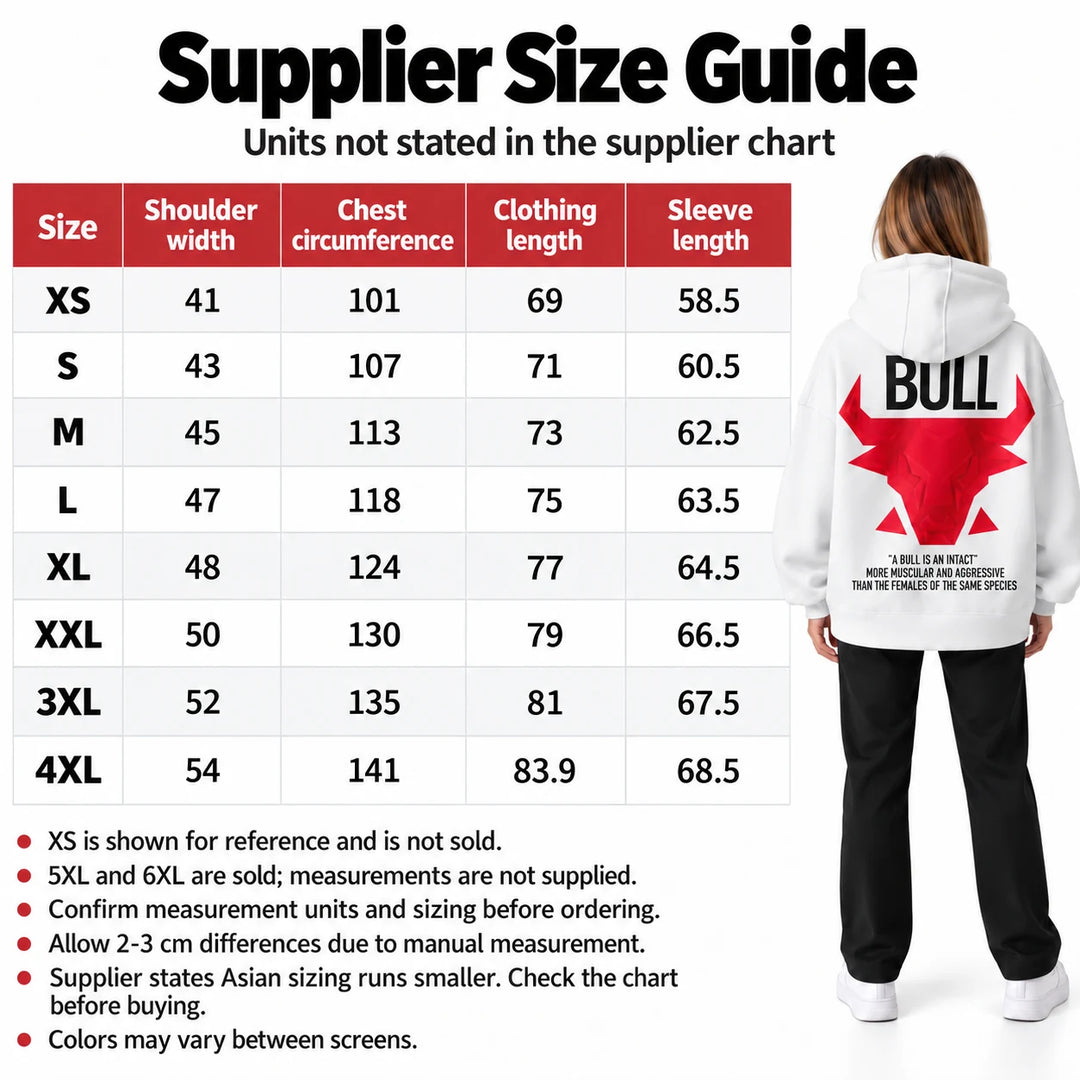 Supplier size chart with a white and red hoodie model, sizes XS to 4XL and notes on missing units and 5XL to 6XL measurements