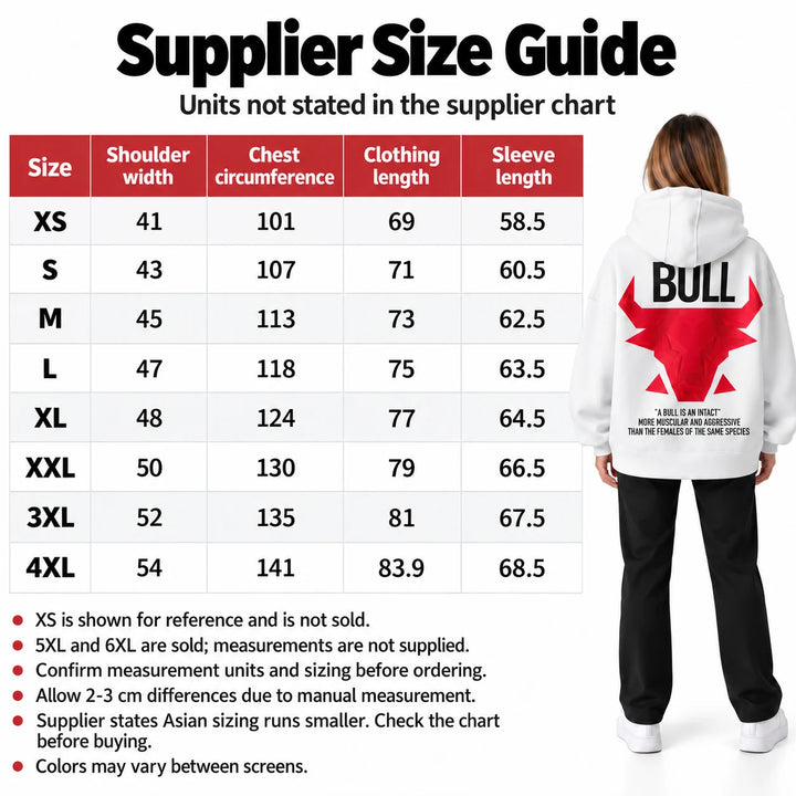 Supplier size chart with a white and red hoodie model, sizes XS to 4XL and notes on missing units and 5XL to 6XL measurements
