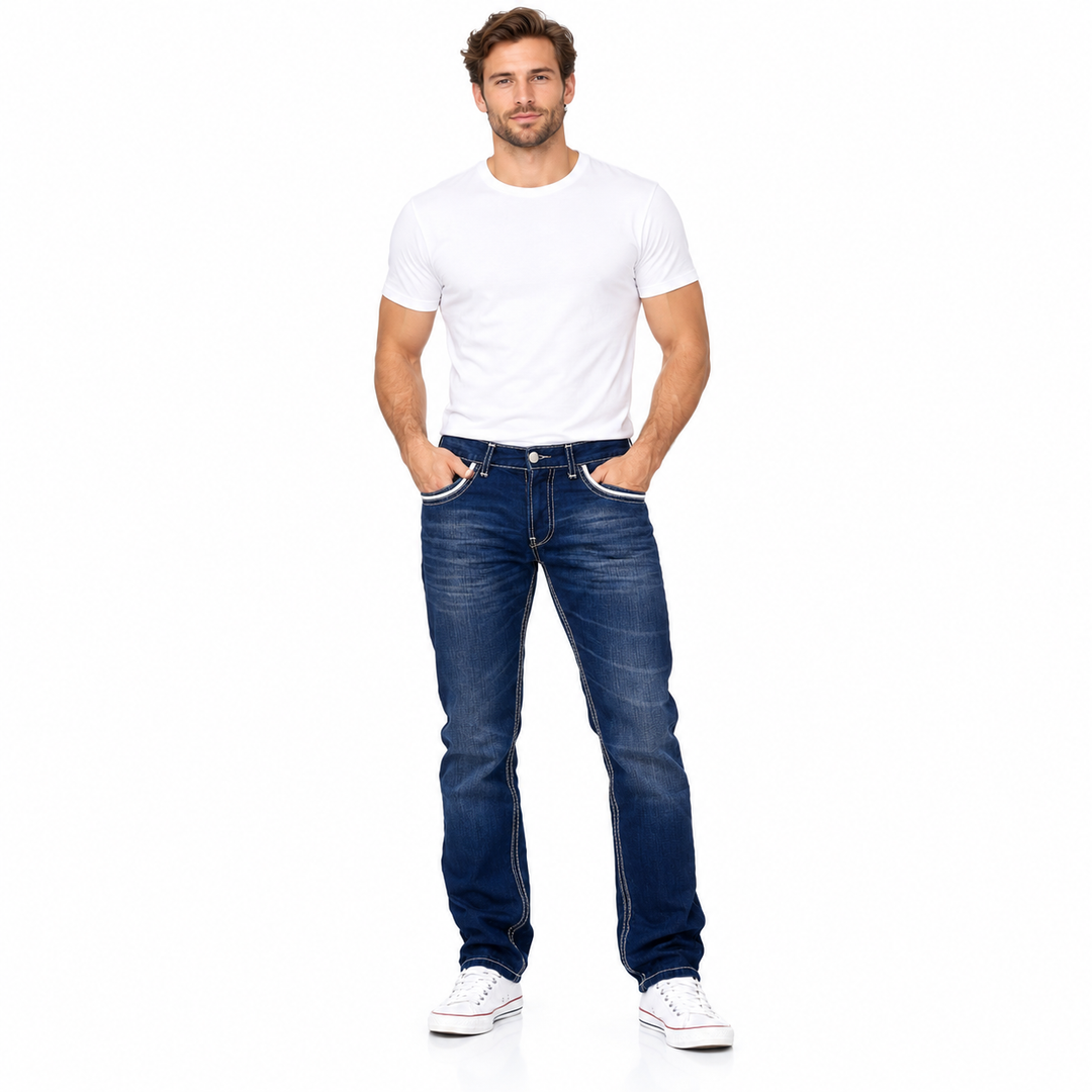 Men's straight leg jeans in Dark Blue on a full-body male model against white