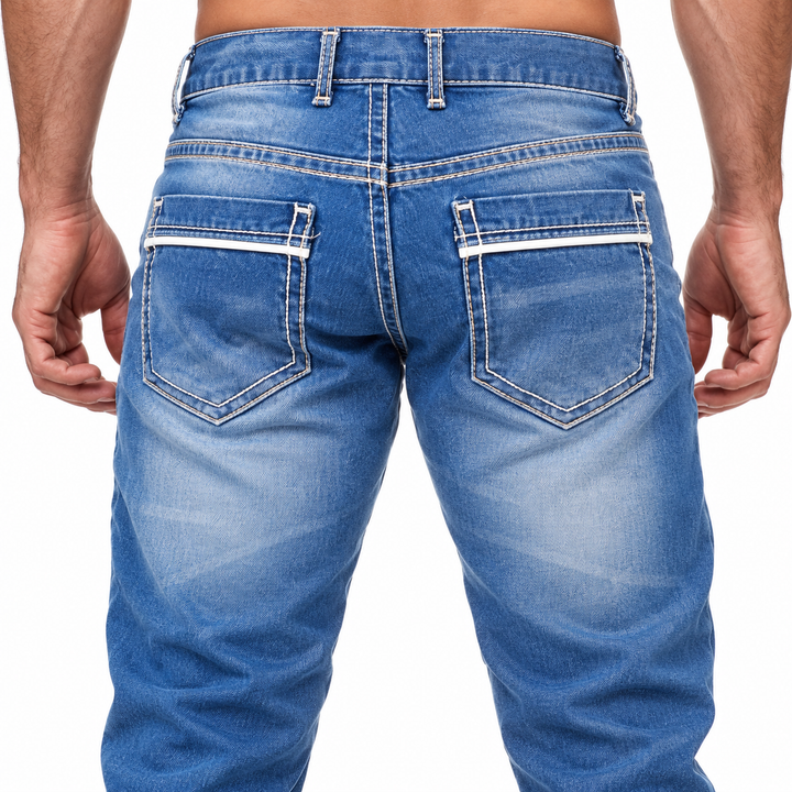 Close-up of Light Blue rear pockets and decorative white piping