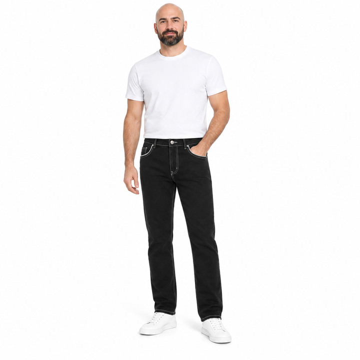 Black denim jeans with contrast stitching worn by a second male model