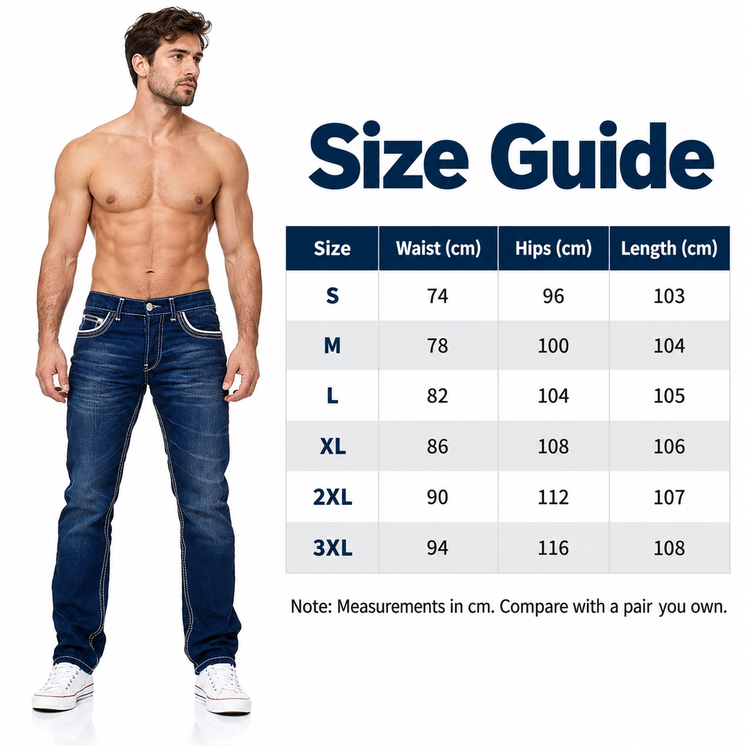 Jeans size guide showing S to 3XL waist, hip and length measurements in centimetres