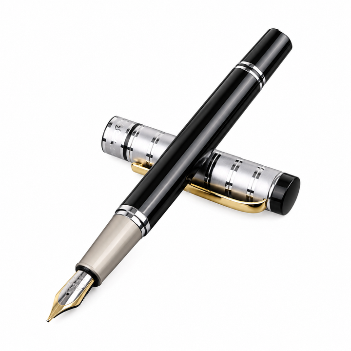 Silver Black calligraphy pen with a fountain nib and patterned silver cap on white