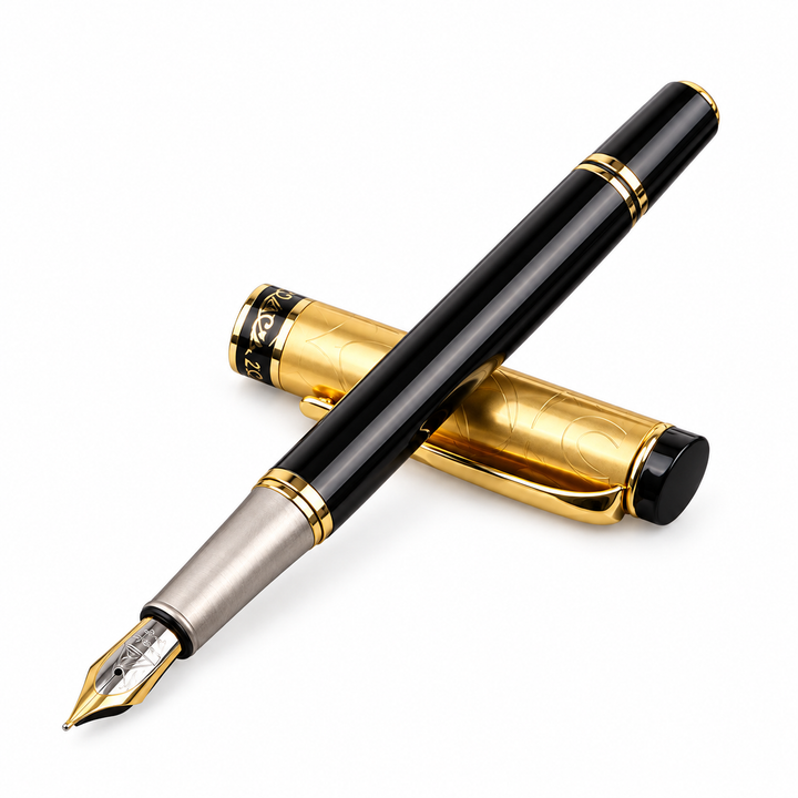 Gold Black calligraphy pen with a gold patterned cap and black barrel