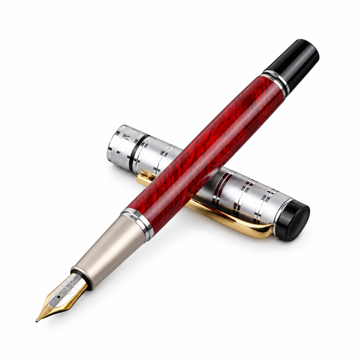 Silver Red fountain pen with a patterned red barrel and detached silver cap