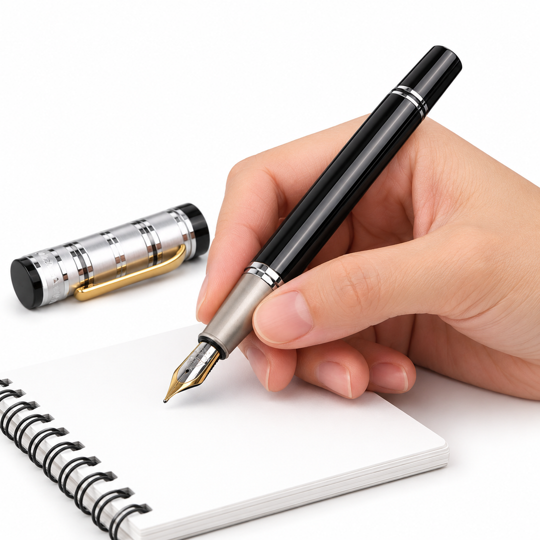 Silver Black fountain pen held above a blank notebook on a white background