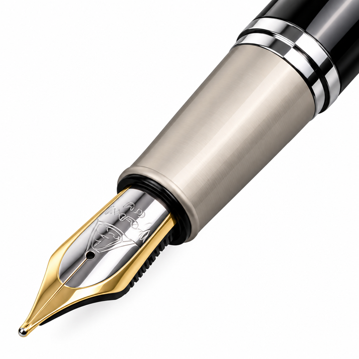 Close-up of the Silver Black fountain nib and metal grip