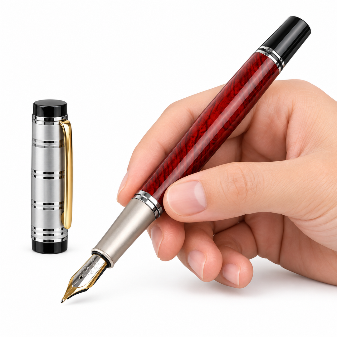 Silver Red fountain pen held in a hand beside its silver cap