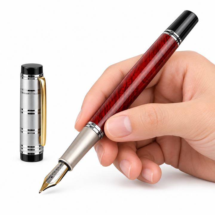 Silver Red fountain pen held in a hand beside its silver cap