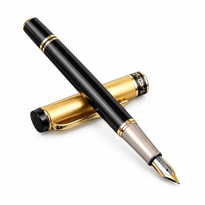 Gold Black fountain pen and matching cap in a diagonal studio composition