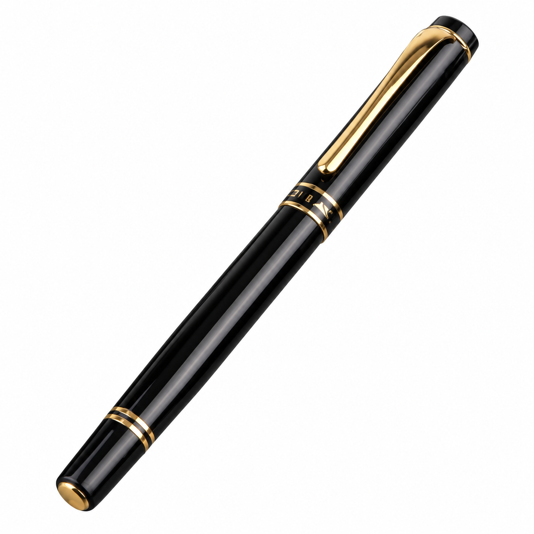 Capped Black fountain pen with gold clip and rings isolated on white