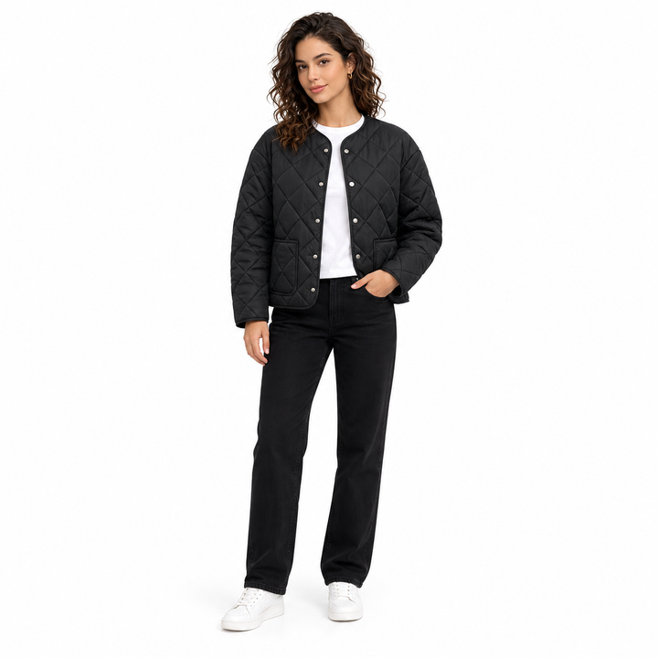 Front view of the sold Black quilted jacket variant with white tee and black trousers