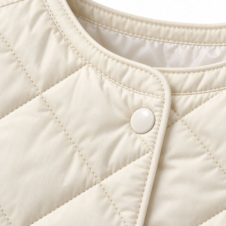 Detail of the Off-white jacket neckline, diamond quilting and front fastening