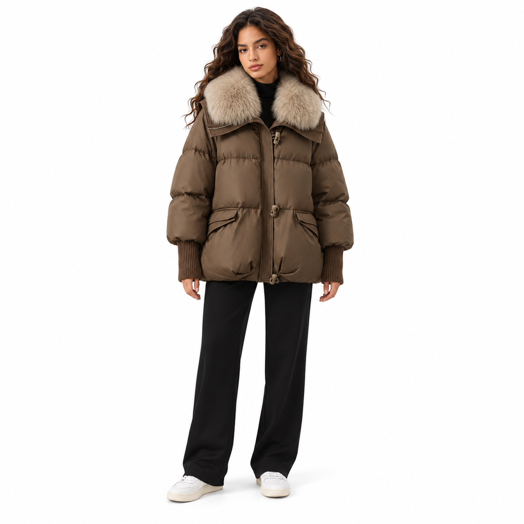 Front view of cropped puffer jacket showing Coffee finish, collar and ribbed cuffs