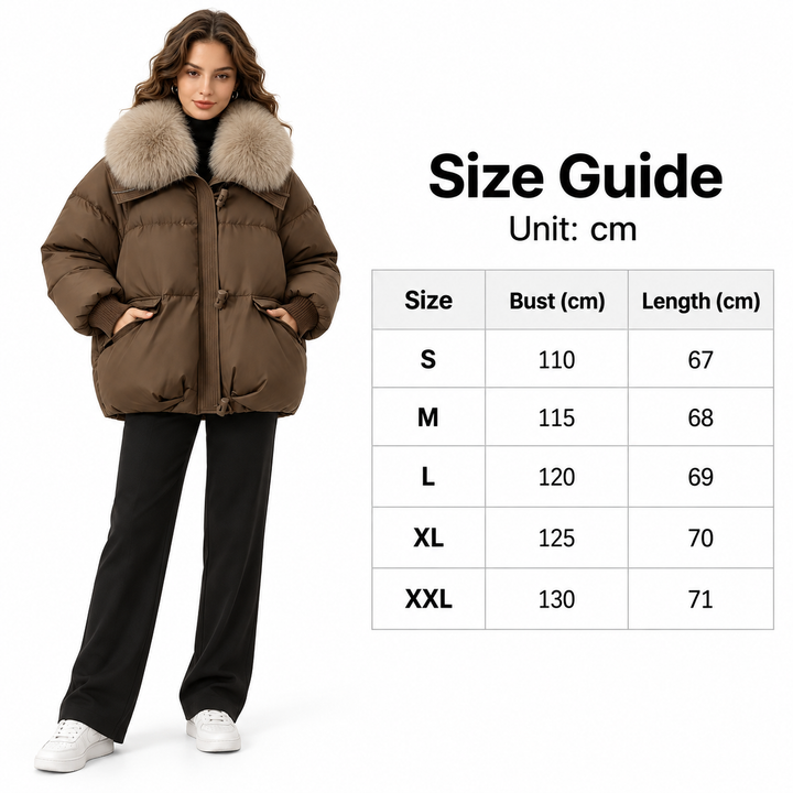 Puffer jacket size guide showing S to XXL bust and length measurements in centimetres