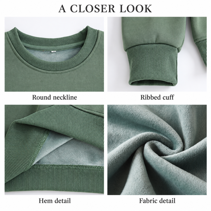 Four-panel collage of olive green sweatshirt details, showing the round neckline, ribbed cuff, folded hem and fabric texture.