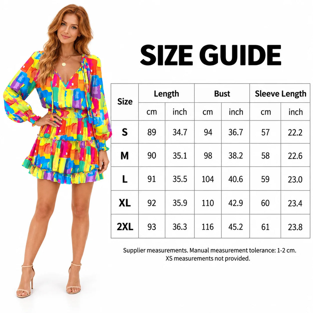 English size chart for S to 2XL, with supplier measurements and a full body model wearing the Multicolor Abstract mini dress.
