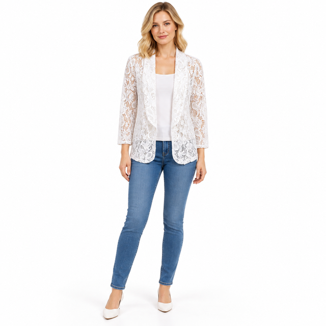 White lace cardigan on a blonde model, shown full length against a white background. The floral lace is visible in this view.