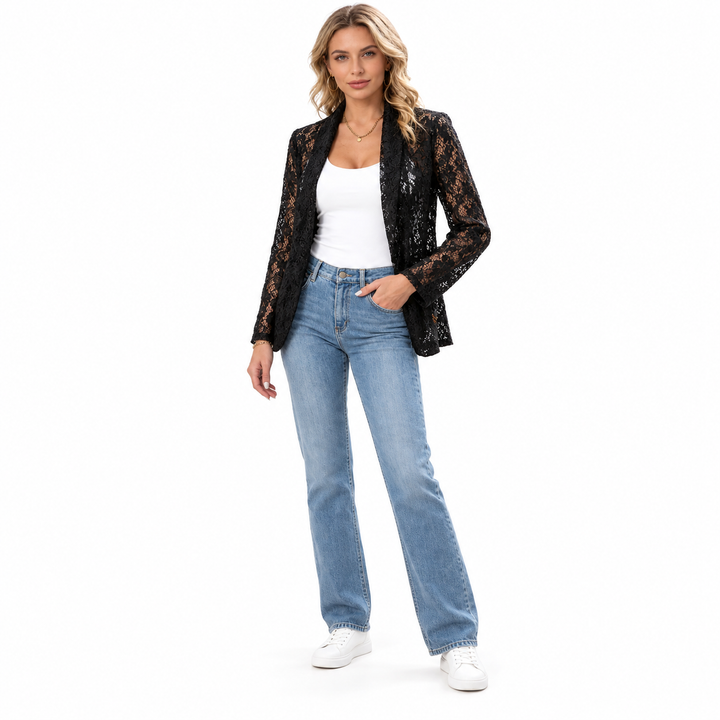 Black floral cardigan on a model, shown full length against a white background. The floral lace is visible for a closer look.