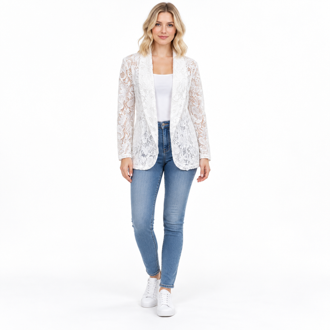 White open-front cardigan on a model, shown from the front on a white background. The floral lace is shown for a closer look.