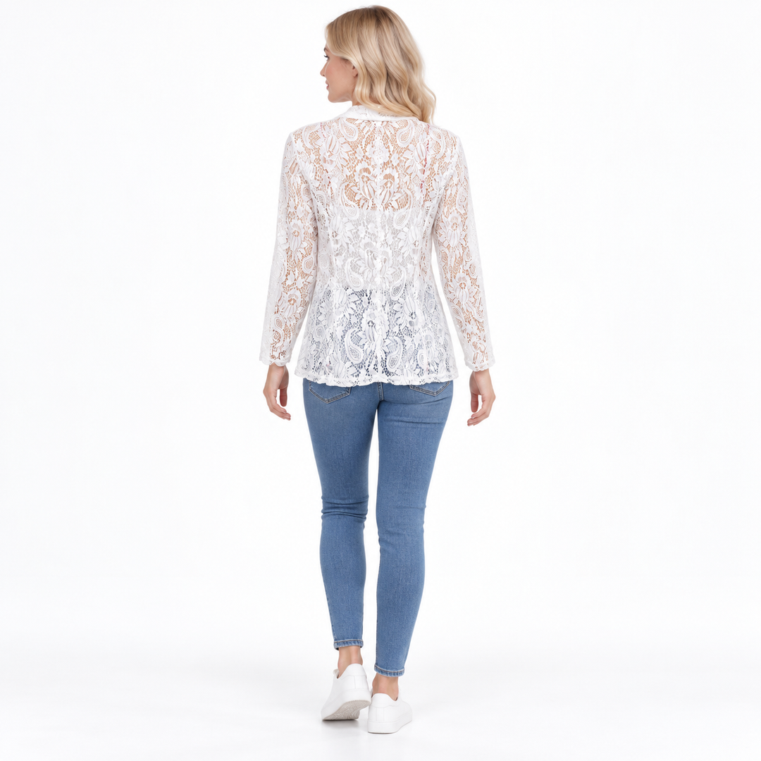 White floral cardigan worn by a model, viewed from behind on a white background. This floral lace is shown for a closer look.