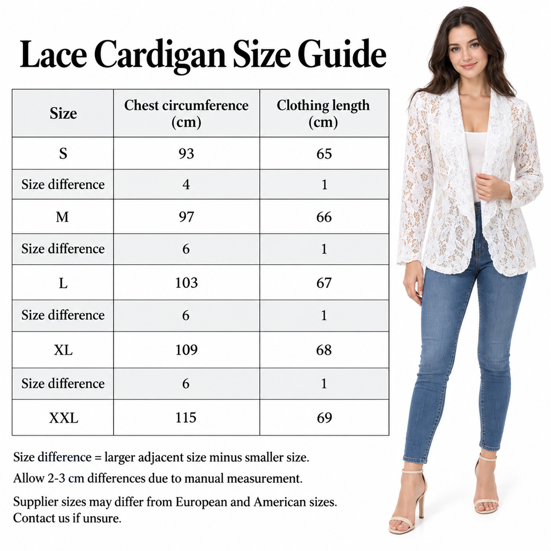 Cardigan size guide with chest and length measurements, beside a full-length model. The floral lace can be seen in this view.