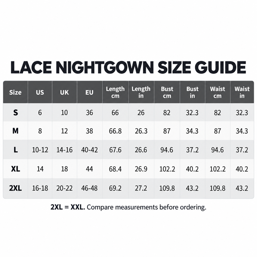 Lace nightgown size guide with US UK EU sizes and centimeter and inch measurements