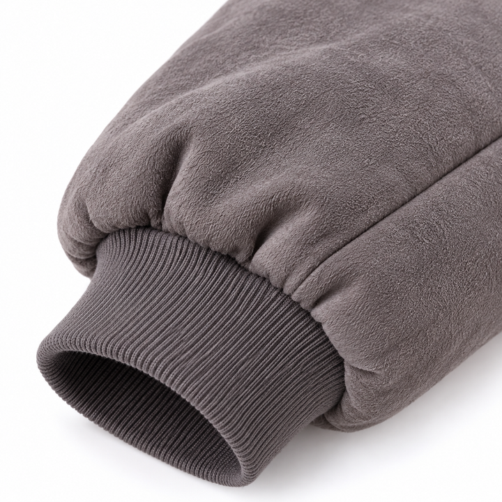 Fleece lined jacket gray sleeve cuff and fabric close-up
